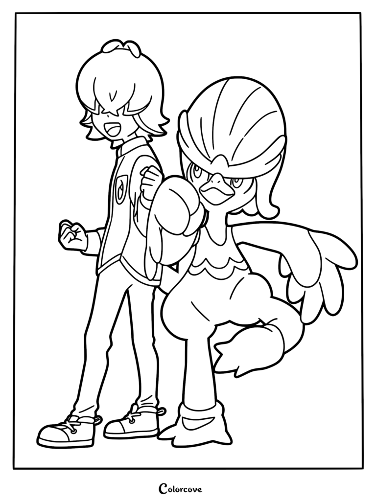 Dot from Pokemon Horizons standing confidently next to Quaxwell in this detailed line art coloring page.
