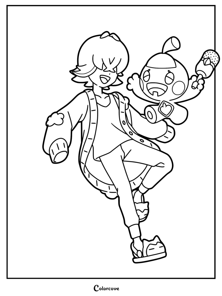 A line art coloring page featuring Dot from Pokemon Horizons in an oversized cardigan and cat-themed slippers, cheerfully holding a smiling Tinkatink who is waving a hammer.