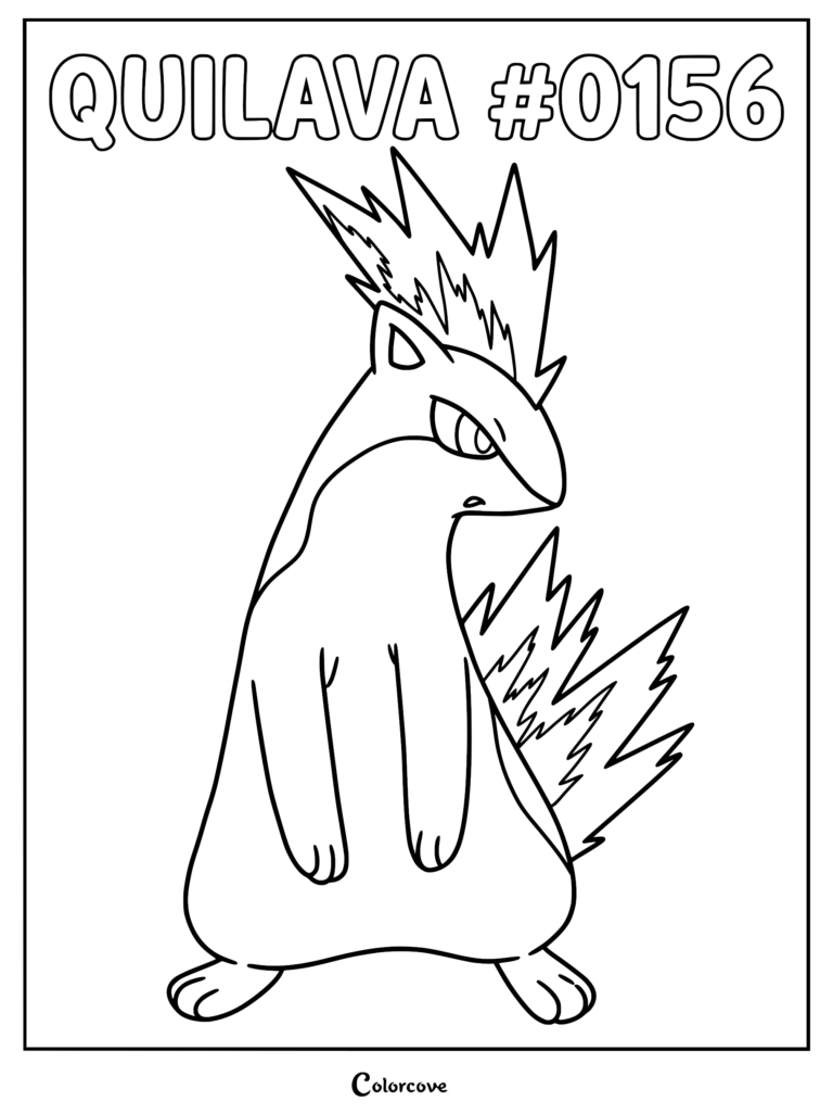 Quilava standing with flames on its head and back in a printable coloring page format.