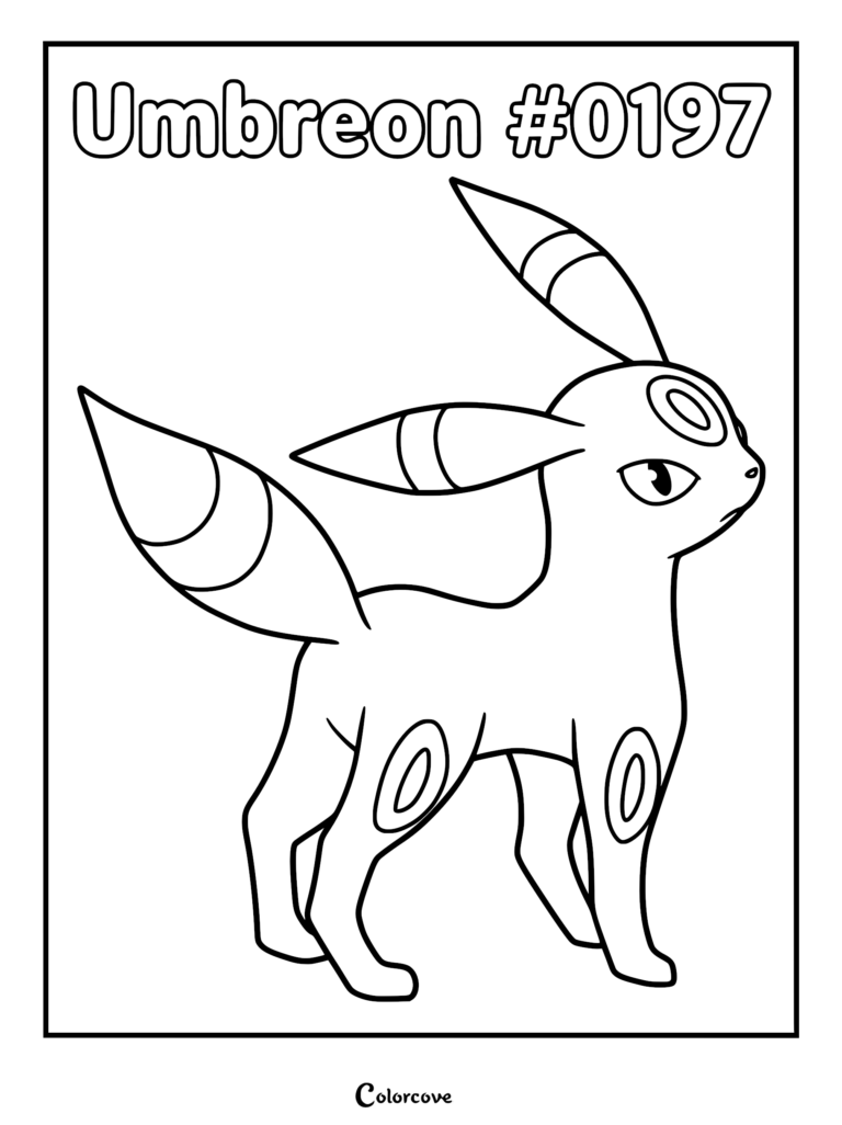 Umbreon standing in profile view with glowing ring markings on a printable coloring page