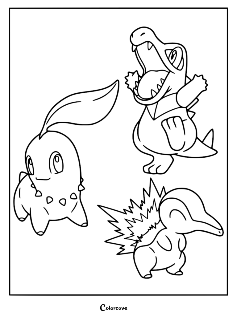 Chikorita, Cyndaquil, and Totodile standing together in a group.