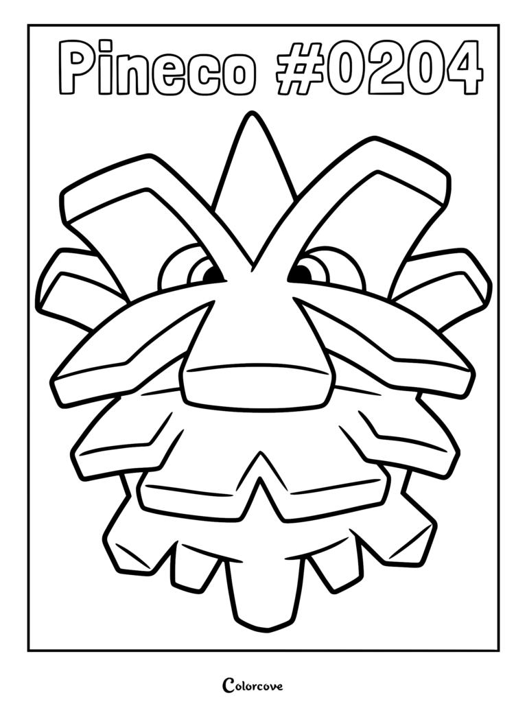 A printable coloring page featuring the Johto Pokemon Pineco with its signature pinecone-like shell and visible eyes.
