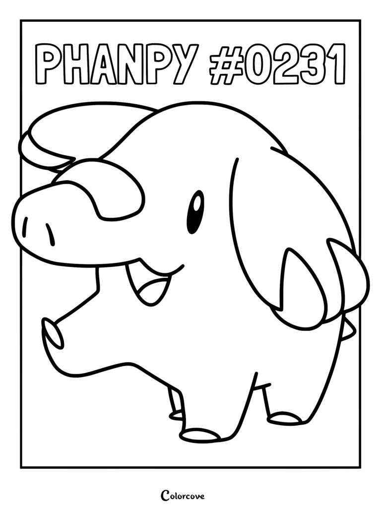 A clean line art coloring page featuring Phanpy #0231 with its signature trunk and large ears.