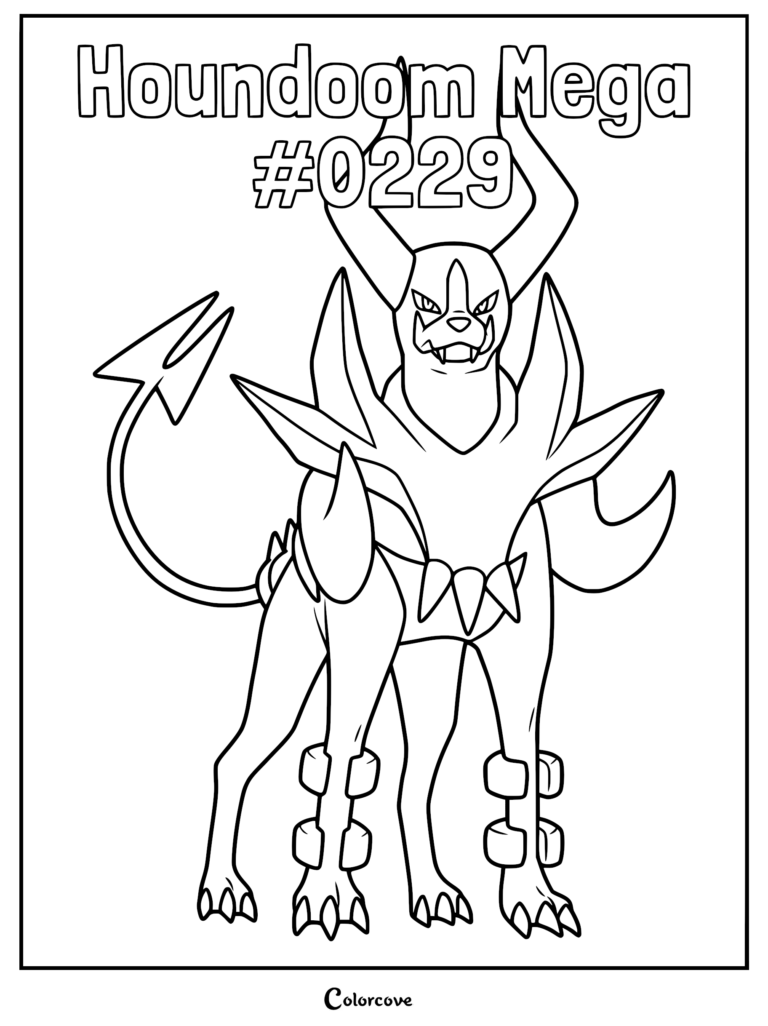 Mega Houndoom coloring page featuring the Johto Pokemon with large horns and bone-like armor plates.