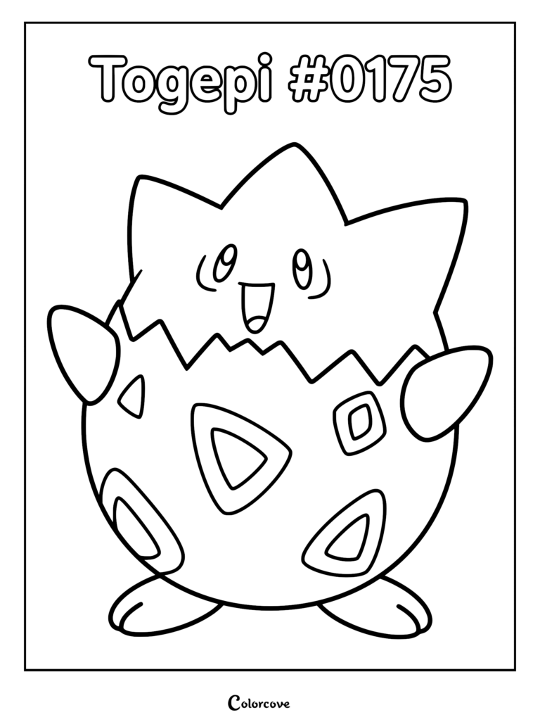 A printable coloring page featuring Togepi #0175 with its signature eggshell body and triangular patterns.