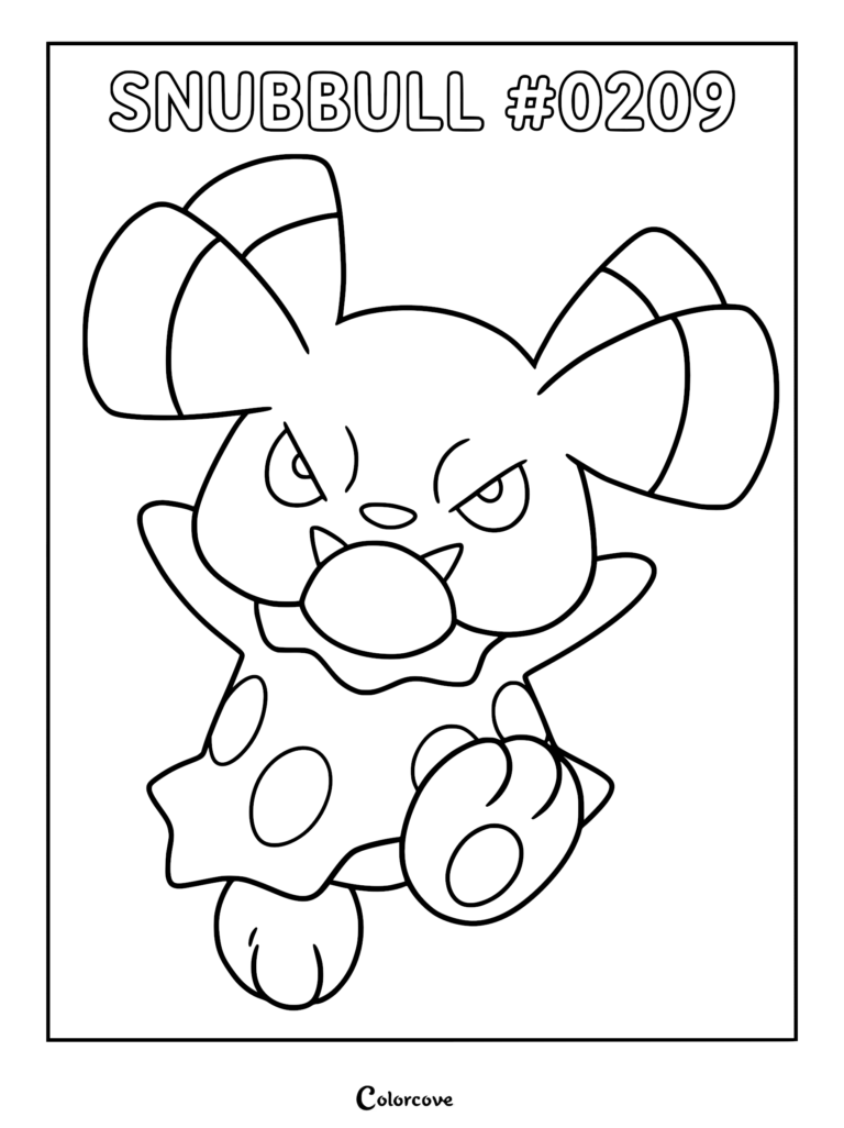 Snubbull Pokemon #0209 with large ears and spotted pattern in a printable coloring page format