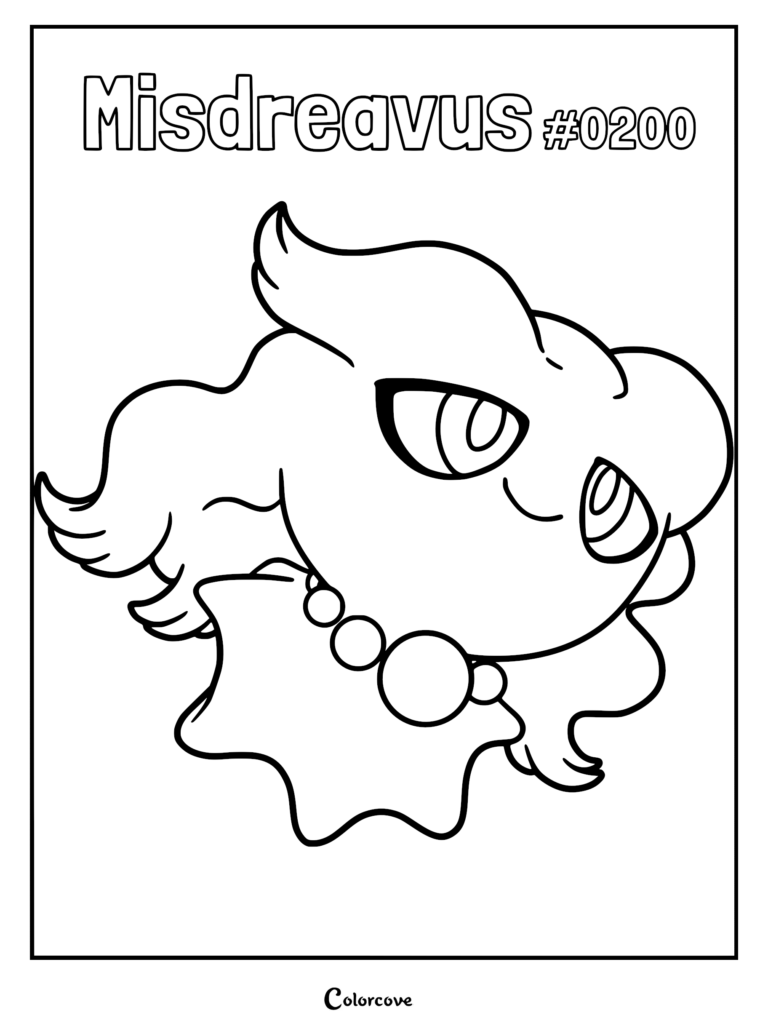 A printable coloring page featuring the ghost-type Pokemon Misdreavus with its signature red necklace and flowing hair.