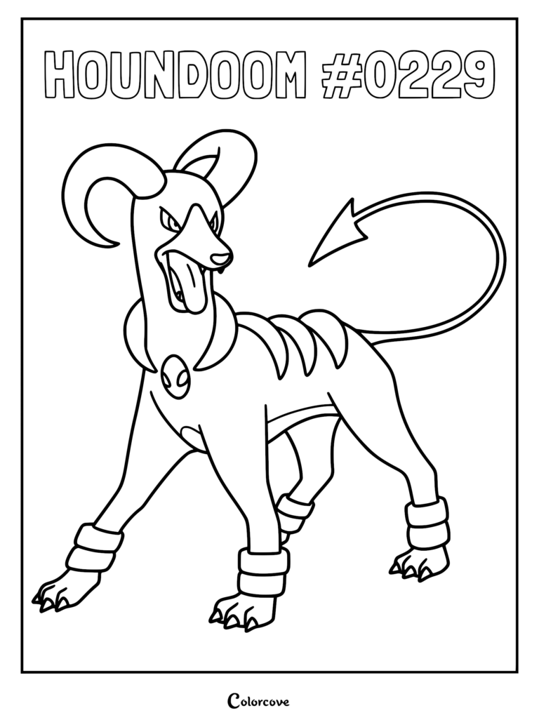 A detailed line art coloring page of the Johto Pokemon Houndoom standing with its tongue out, featuring its signature curved horns, arrow-tipped tail, and collar emblem.
