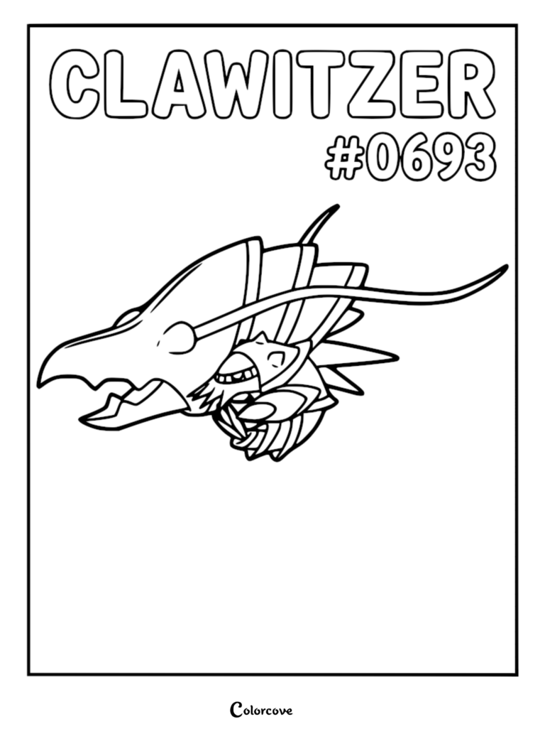 Un coloriage à imprimer du Pokémon de la région de Kalos Gamblast avec sa pince massive et ses antennes, accompagné de son nom et du numéro de Pokédex 0693.