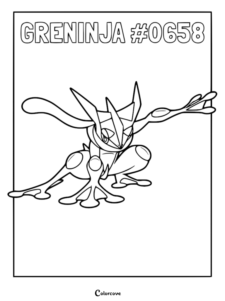 Un coloriage à imprimer d'Amphinobi dans une pose de ninja accroupi dynamique avec son écharpe de langue flottant derrière lui.