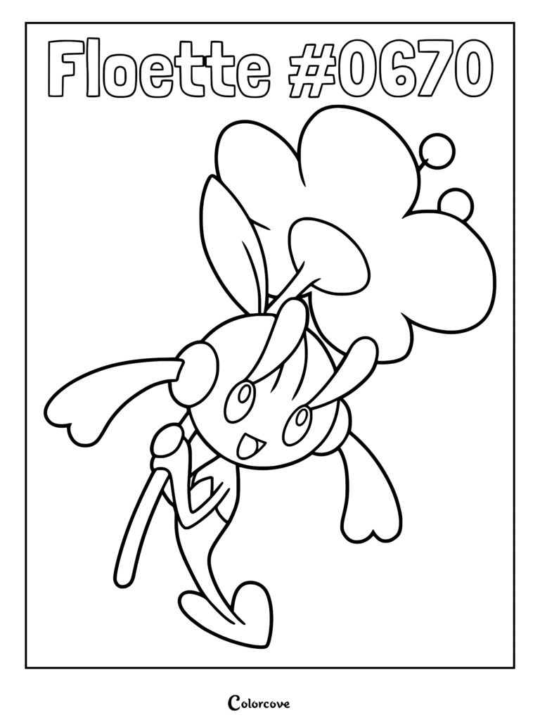 Floette tenant sa fleur caractéristique dans ce coloriage à imprimer de Pokémon Kalos aux contours noirs marqués.