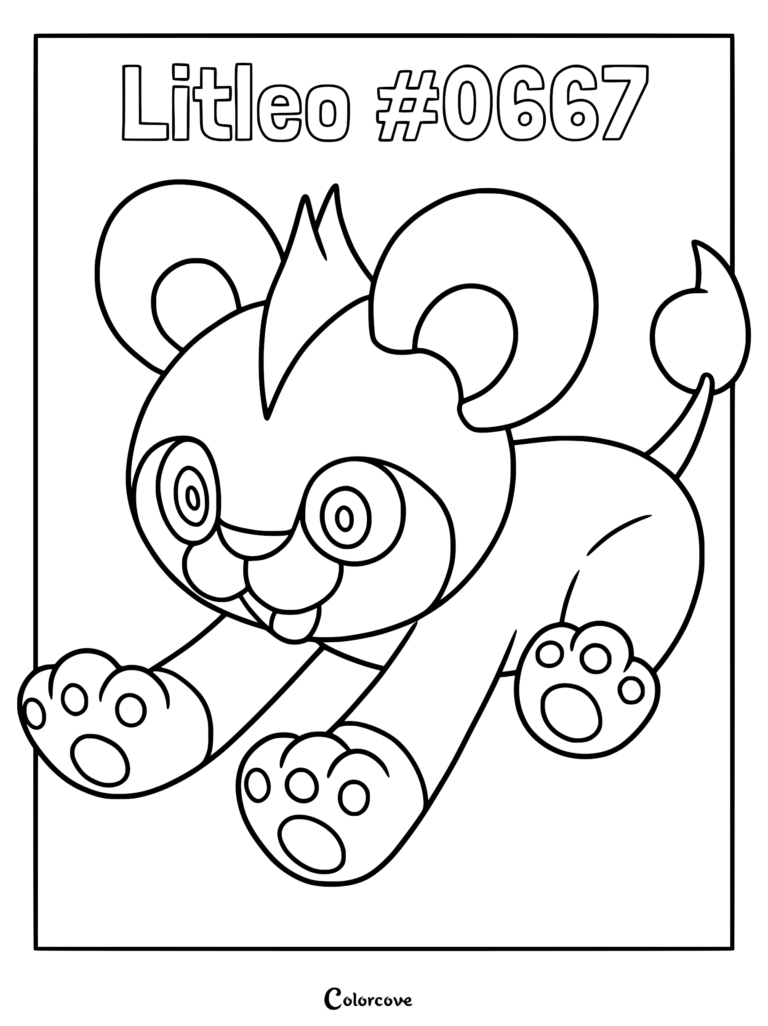 Un coloriage à imprimer mettant en vedette le Pokémon Kalos Hélionceau, représenté dans une pose bondissante et joueuse avec sa queue touffue caractéristique.
