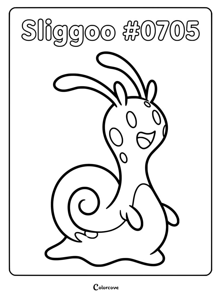 Un coloriage à imprimer de Colimucus, le Pokémon de la région de Kalos, avec sa coquille en forme d'escargot et ses longues antennes.