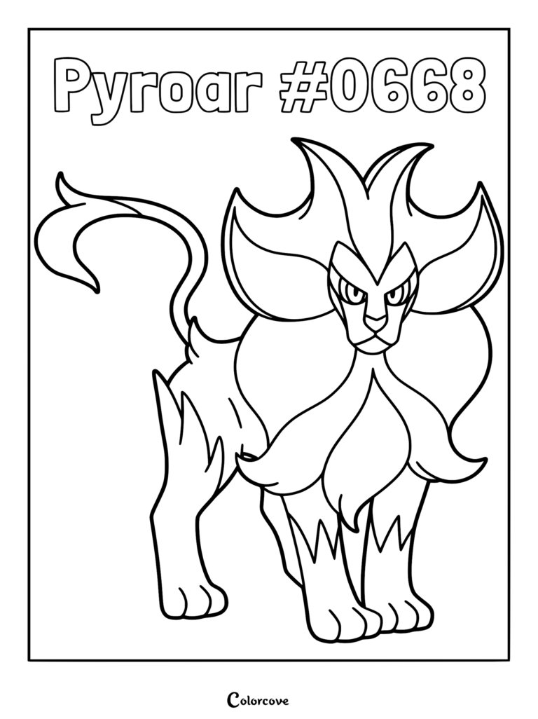 Un coloriage à imprimer mettant en vedette Némélios de Pokémon Kalos, avec sa crinière et sa queue en forme de flammes, debout dans une pose fière.
