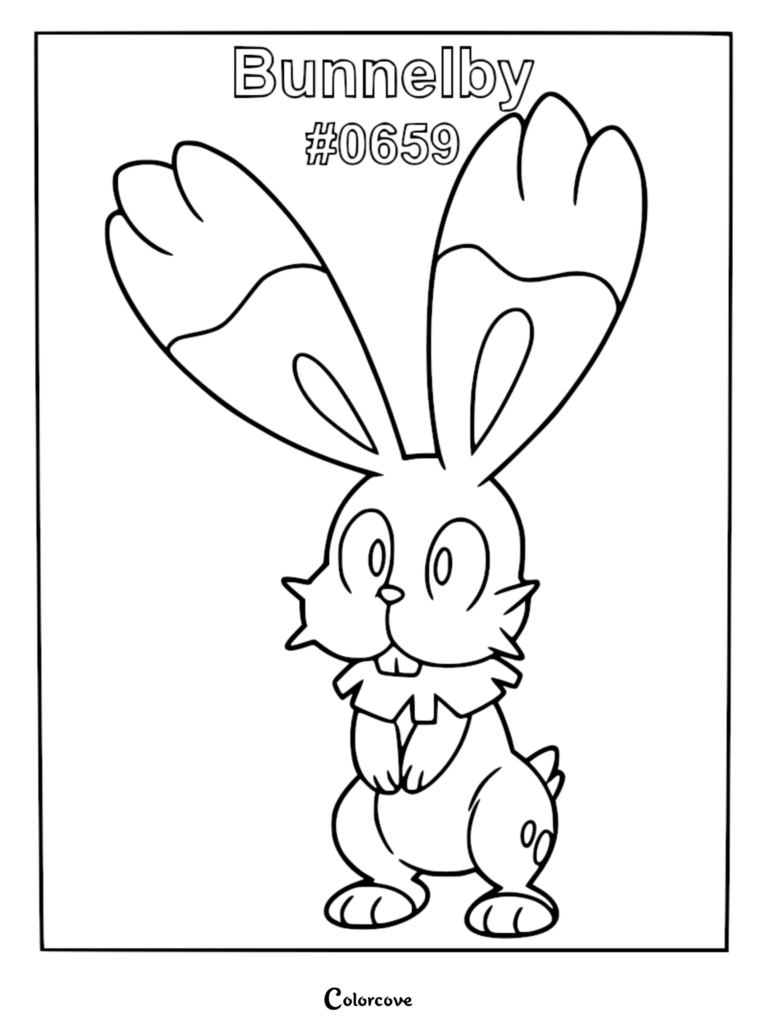 Sapereau de Pokémon Kalos debout, les grandes oreilles dressées, dans un coloriage à imprimer.