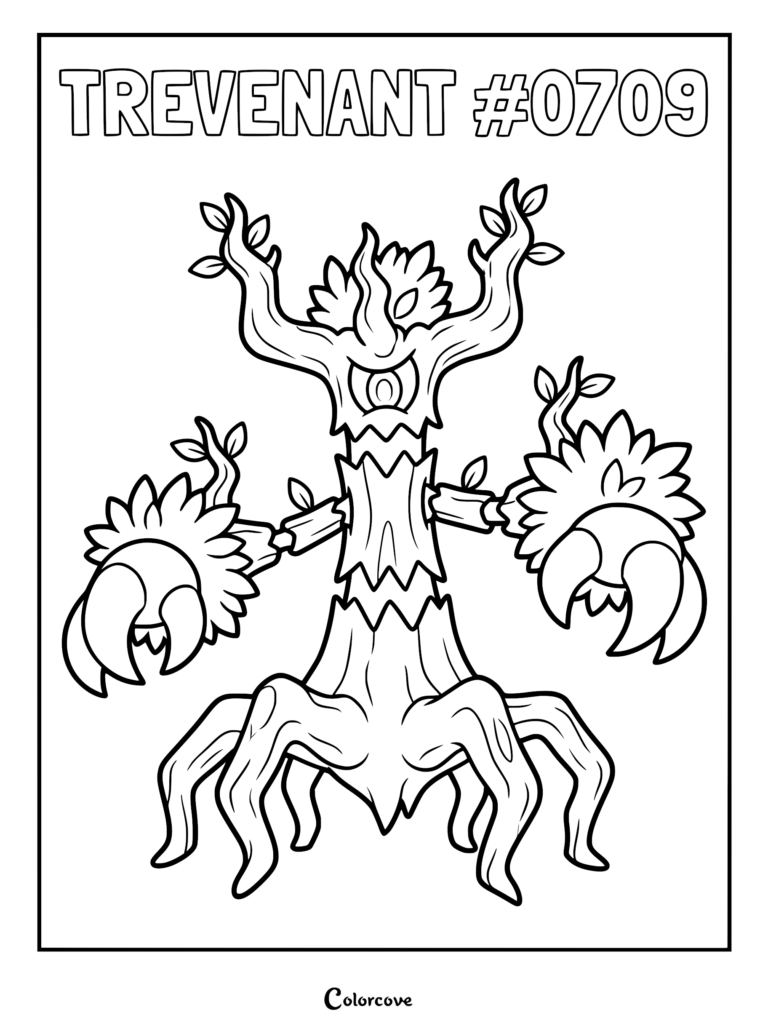 Desséliande de Pokémon Kalos debout de face, coloriage détaillé avec ses membres semblables à des branches d'arbre et ses mains griffues.
