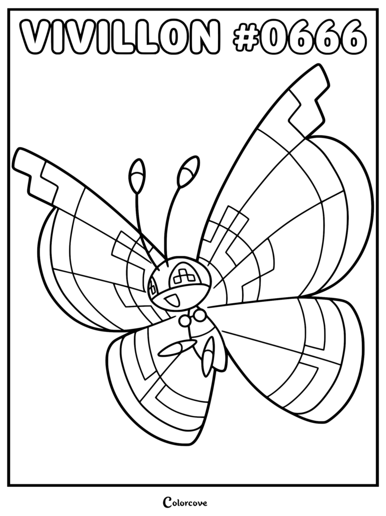 Coloriage du Pokémon Kalos Prismillon représentant ce personnage papillon avec ses motifs d'ailes géométriques et ses antennes.