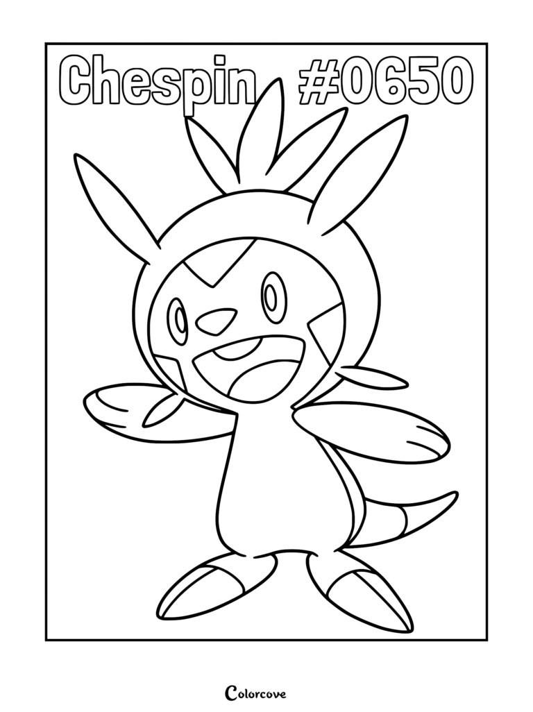 Coloriage de Marisson, le Pokémon de Kalos de type Plante, avec sa capuche caractéristique et ses oreilles en forme de feuille.