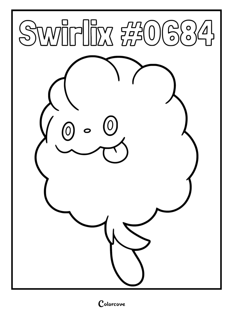 Un coloriage simple au trait de Sucroquin, le Pokémon barbe à papa, mettant en avant son corps rond et duveteux, ses petits yeux et sa langue tirée.