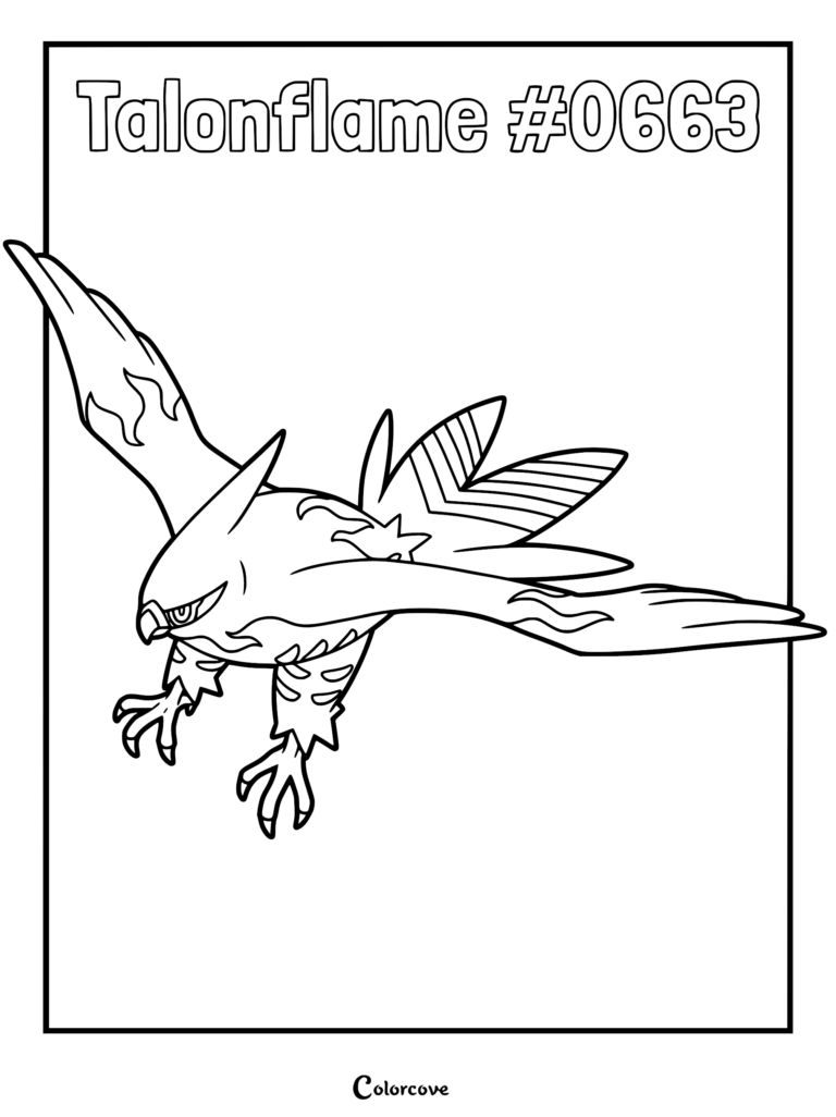 Un coloriage détaillé de Flambusard, le Pokémon oiseau de la région de Kalos, dans une pose dynamique en plein vol avec les ailes déployées.