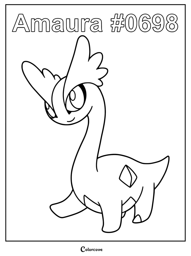 Coloriage d'Amagara, le Pokémon de Kalos, représentant ce dinosaure au long cou avec ses nageoires en forme de voile sur la tête et un cristal sur le côté.