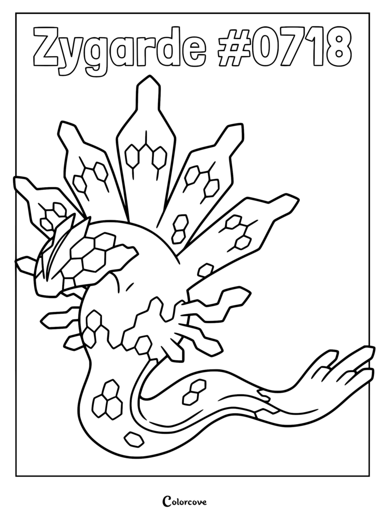 Zygarde Forme 50% avec ses motifs hexagonaux et sa crête en forme de couronne sur un coloriage à imprimer.