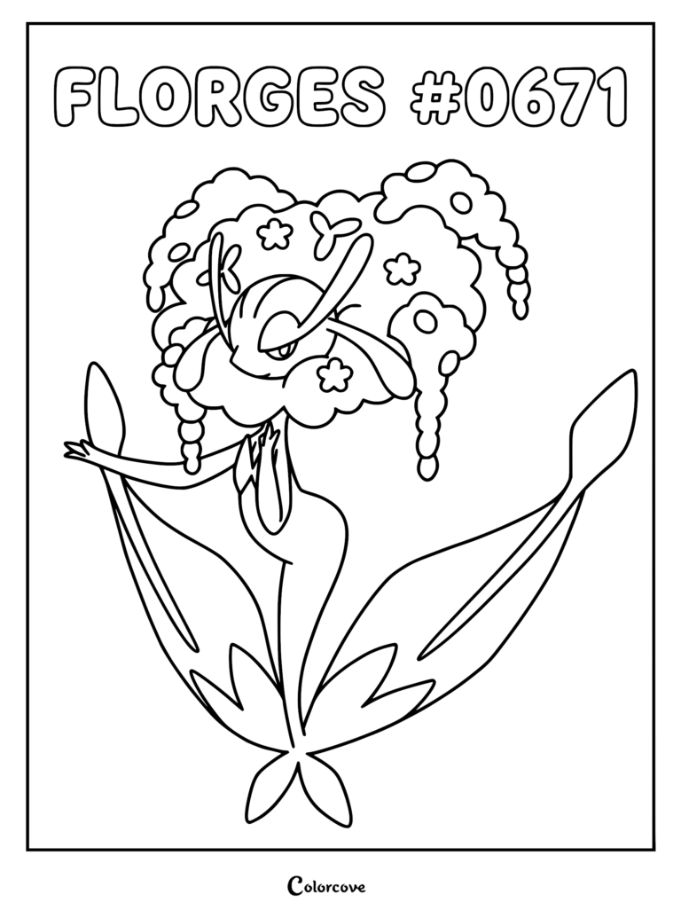 Florges de Pokémon Kalos debout à l'intérieur d'une grande fleur épanouie, coloriage détaillé au trait.