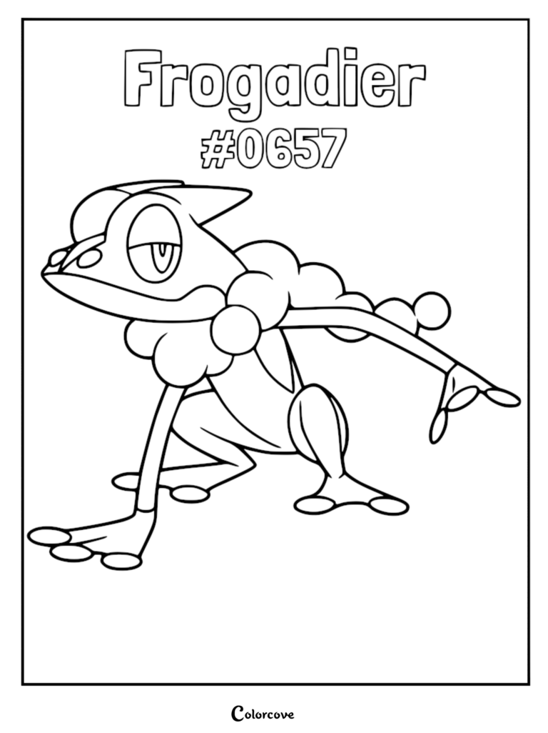 Un coloriage à imprimer du Pokémon de Kalos Croâporal dans une pose accroupie dynamique avec son écharpe de bulles caractéristique.