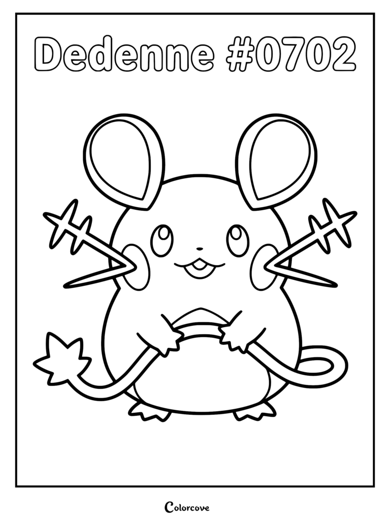 Un coloriage à imprimer du Pokémon de Kalos Dedenne avec ses moustaches caractéristiques et sa queue en forme d'étoile.