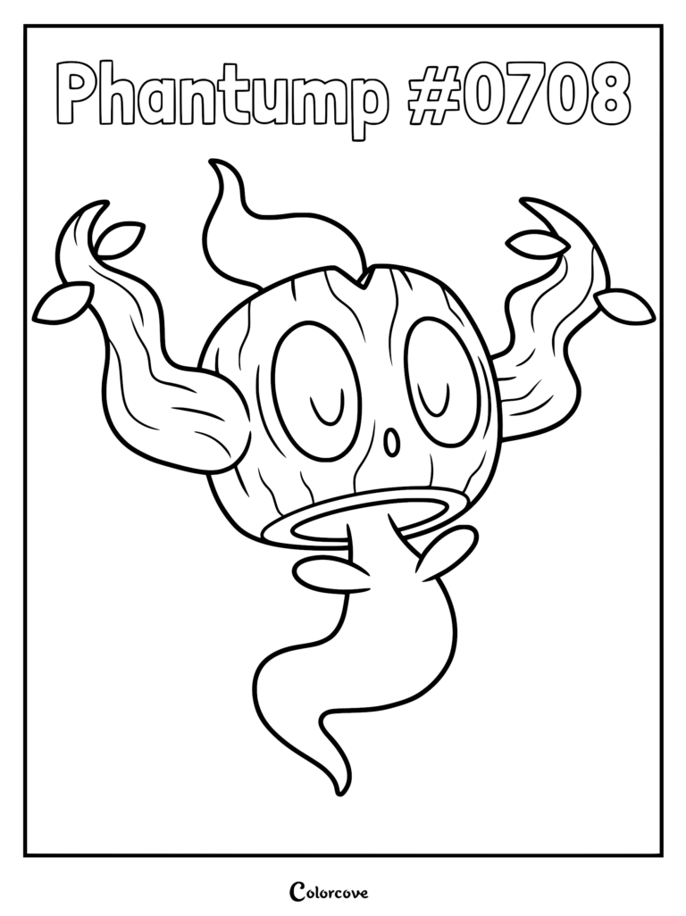 Un coloriage à imprimer représentant le Pokémon de Kalos Brocelôme avec sa tête en forme de souche d'arbre et son corps fantomatique.