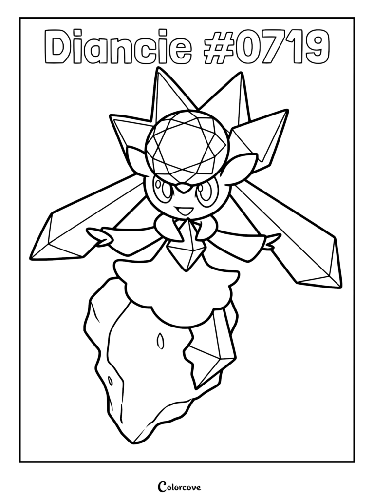 Coloriage de Diancie de Pokémon Kalos représentant ce légendaire de type Roche et Fée avec son grand diadème en diamant et ses bras cristallins.