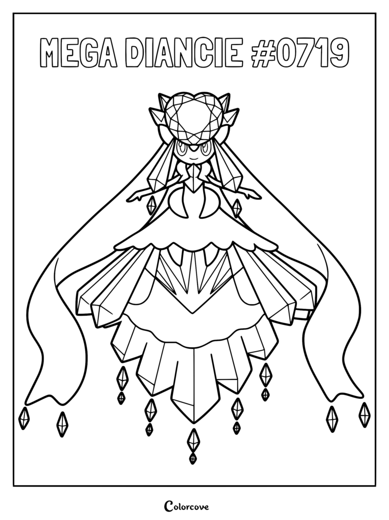 Coloriage de Méga-Diancie représentant ce personnage légendaire cristallin avec son grand diadème en forme de cœur et sa robe fluide.