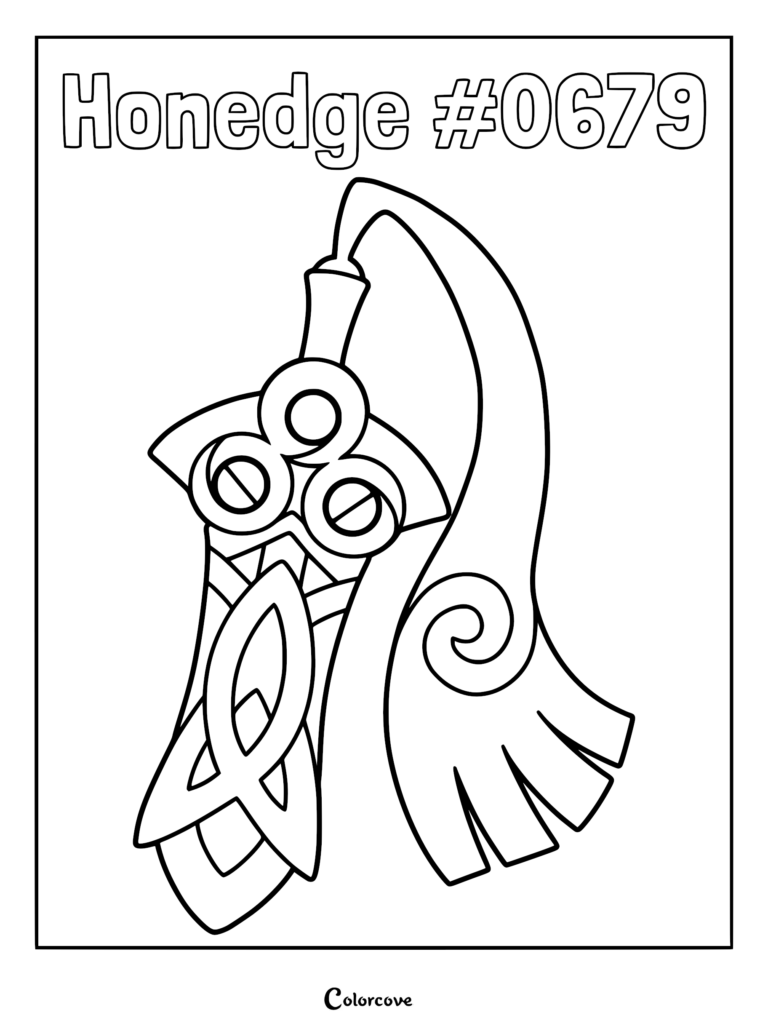 Un coloriage à imprimer mettant en vedette le Pokémon Kalos Monorpale avec sa lame d'épée caractéristique et son ruban en tissu bleu.