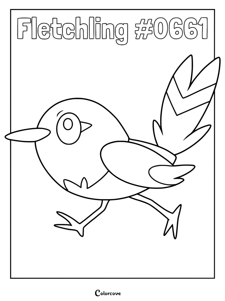 Un coloriage simple en noir et blanc du Pokémon Kalos Passerouge, représenté de profil avec son bec pointu caractéristique et ses plumes de queue en chevron.