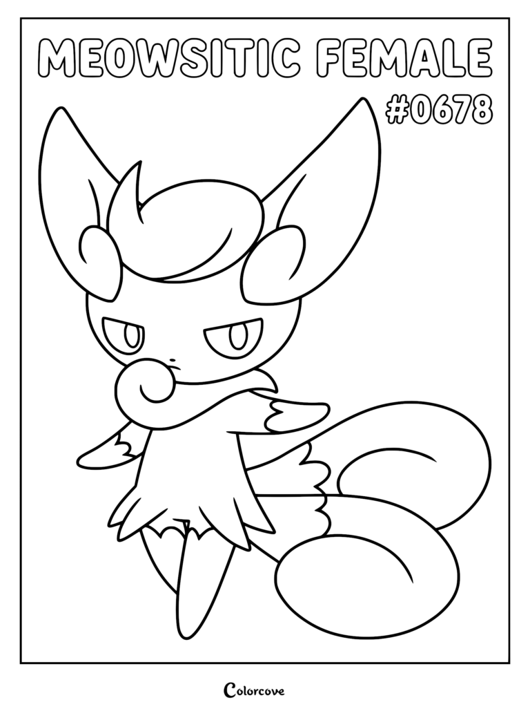 Un coloriage à imprimer mettant en vedette le Pokémon Kalos Mistigrix femelle avec ses grandes oreilles et sa queue enroulée, dans un style au trait épuré.
