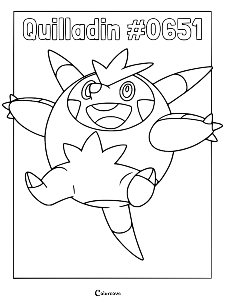 Un coloriage à imprimer du Pokémon de Kalos Boguérisse, sautant les bras tendus avec une expression joyeuse.