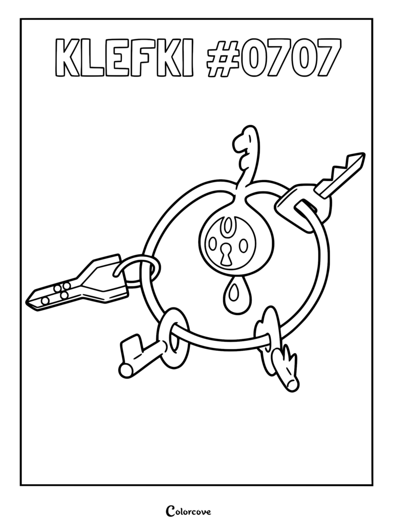 Un coloriage à imprimer de Trousselin, le Pokémon porte-clés avec ses appendices en forme de clés attachés à un anneau circulaire.