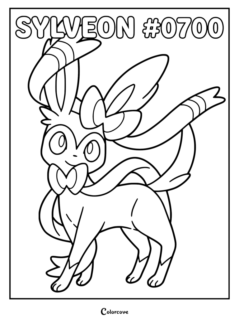 Coloriage de Nymphali, le Pokémon de Kalos, représentant cette créature de type Fée avec ses rubans caractéristiques et ses accessoires en forme de nœud dans un style épuré.