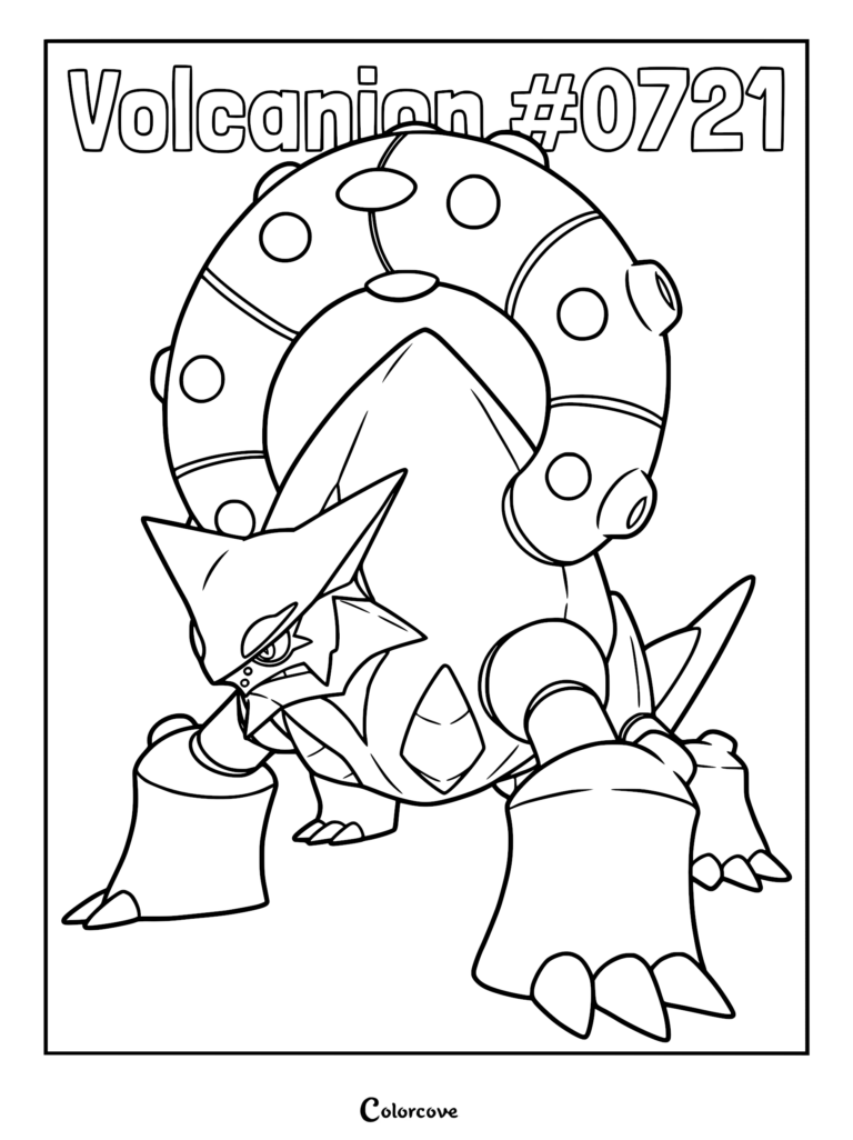 Volcanion #0721 de Pokémon Kalos debout dans une posture défensive sur ce coloriage à imprimer.