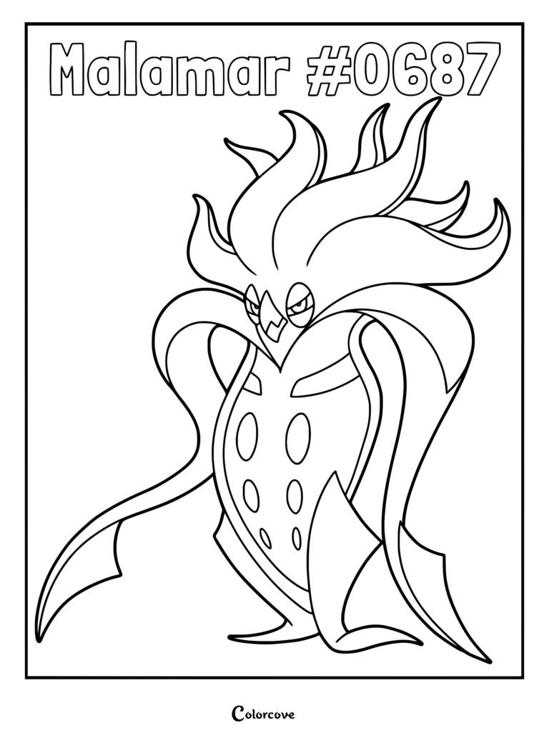 Sepiatroce, le Pokémon de Kalos, dans une pose défensive sur un coloriage à imprimer aux contours marqués.