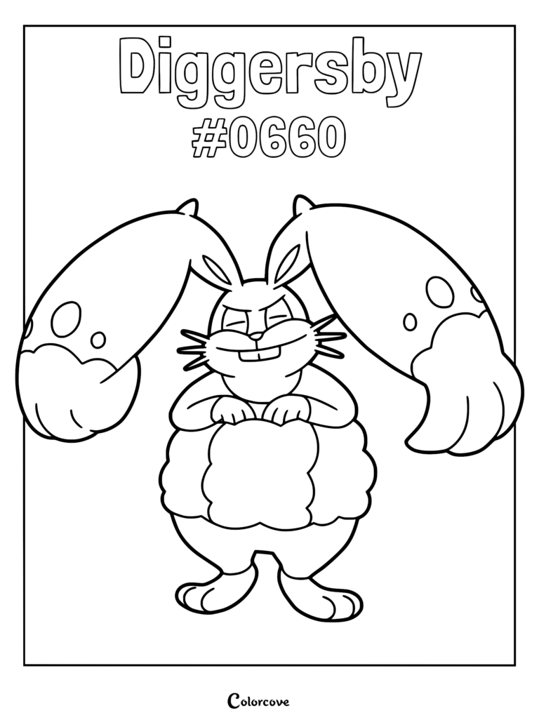 Excavarenne de Pokémon Kalos debout avec ses grandes oreilles levées, dans un coloriage à imprimer.