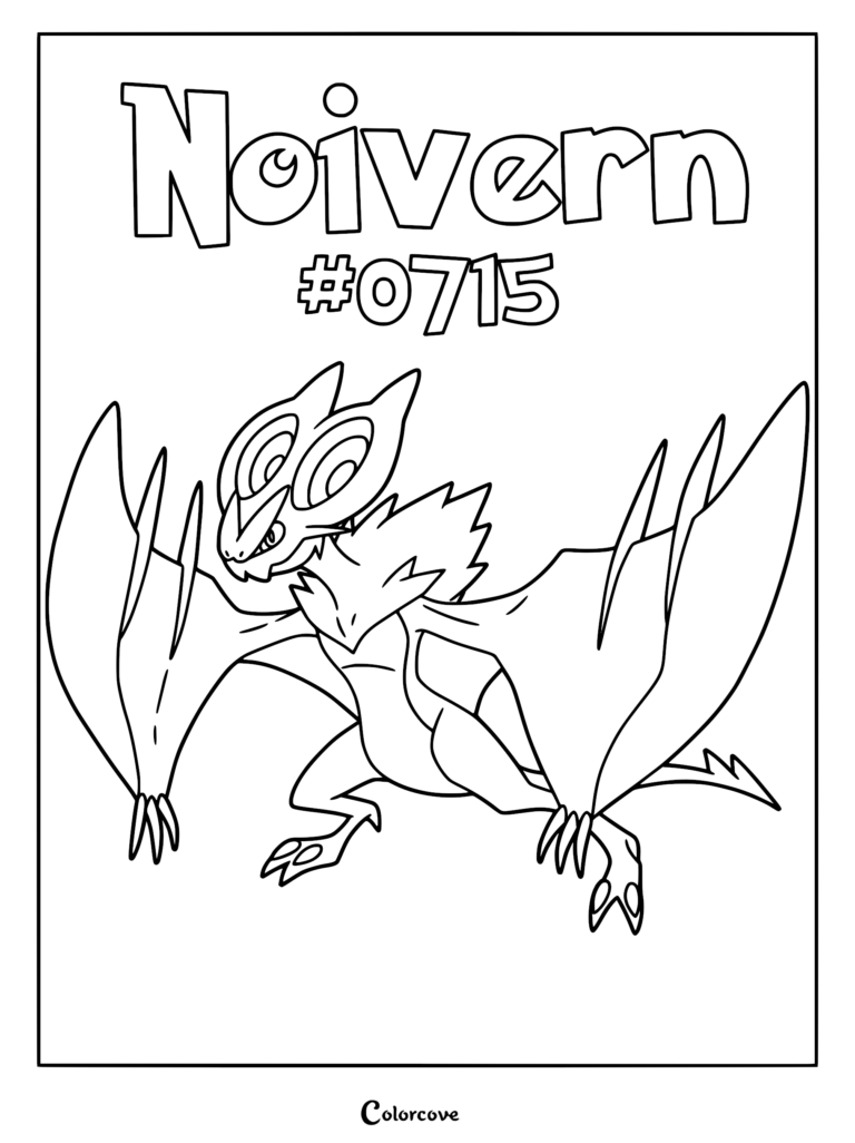 Coloriage de Bruyverne de Pokémon Kalos représentant cette créature semblable à une chauve-souris avec ses grandes oreilles et ses ailes largement déployées.