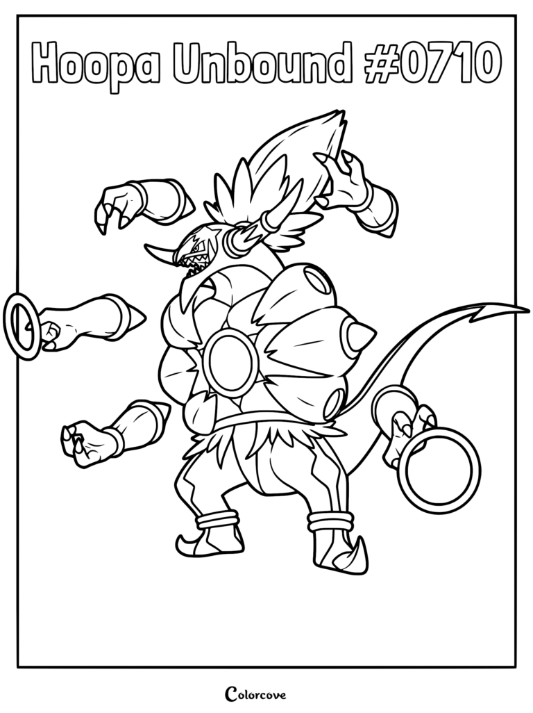 Hoopa Déchaîné avec ses six bras et ses anneaux dorés sur un coloriage détaillé en noir et blanc.