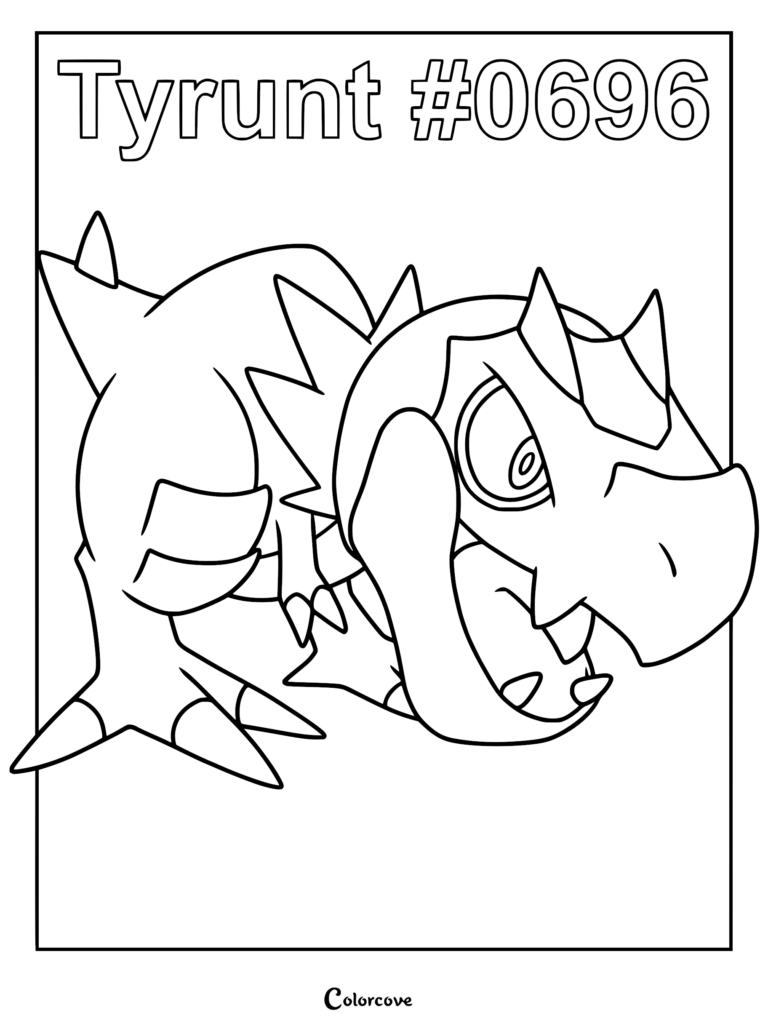 Un coloriage à imprimer du Pokémon de la région de Kalos Ptyranidur, avec sa crête en forme de couronne et ses dents acérées.