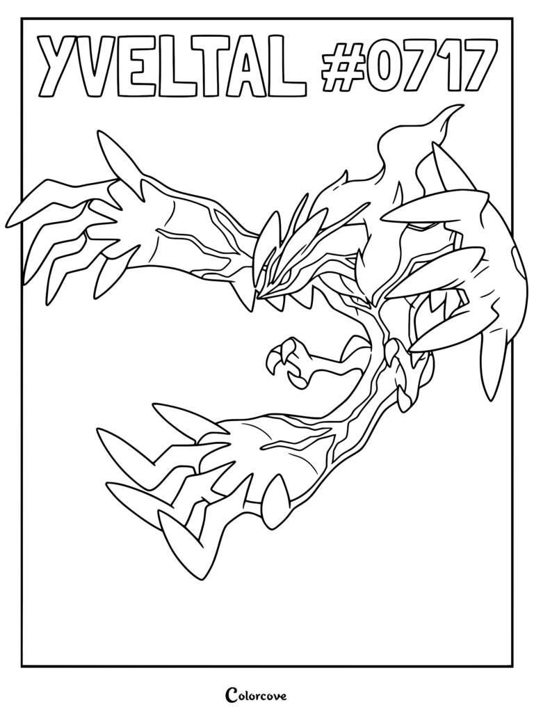 Yveltal de Pokémon Kalos dans une pose de vol dynamique, coloriage détaillé avec le texte Yveltal #0717 en haut.