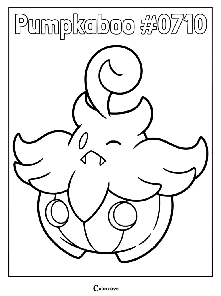 Un coloriage en noir et blanc représentant le Pokémon de Kalos Pitrouille avec son corps en forme de citrouille et sa tige recourbée.