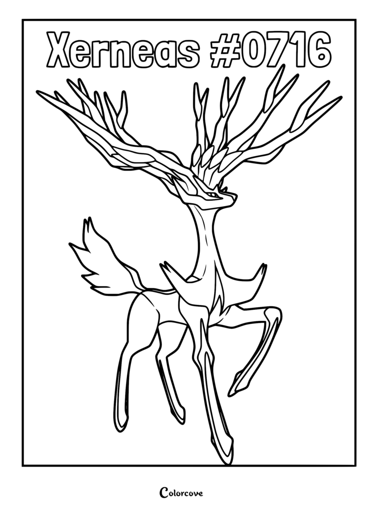 Xerneas avec ses grands bois ramifiés dans une pose majestueuse sur ce coloriage à imprimer de Pokémon Kalos.