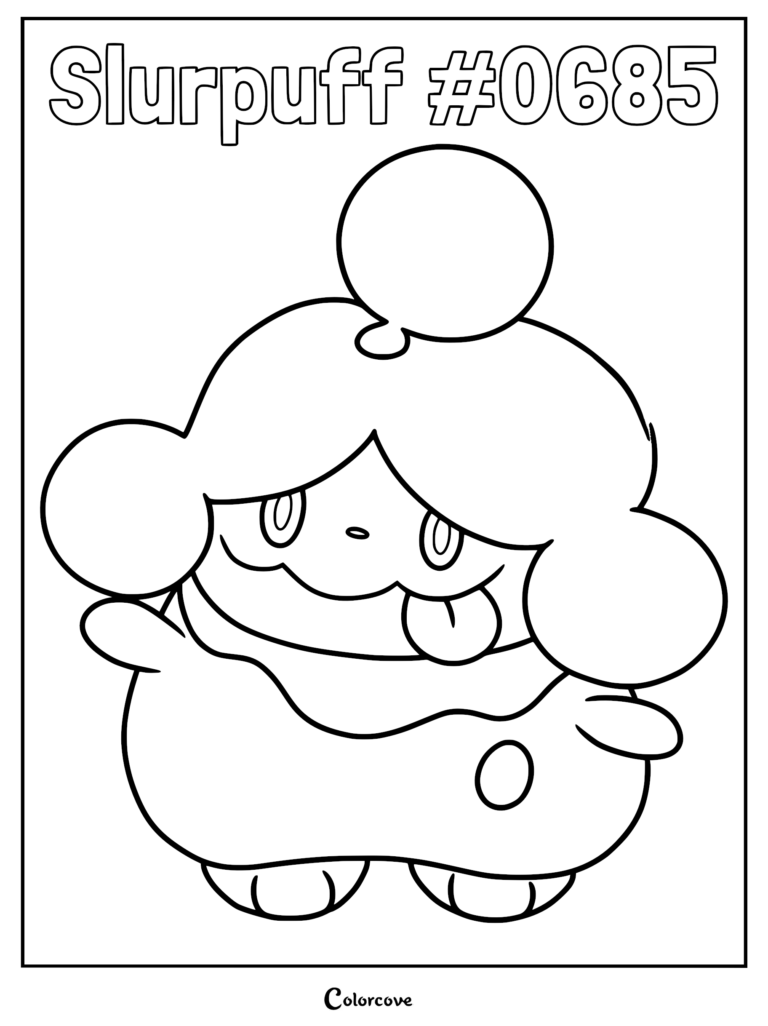 Coloriage de Cupcanaille, le Pokémon de Kalos, représentant cette créature crémeuse et duveteuse avec une mèche sur la tête et la langue tirée.