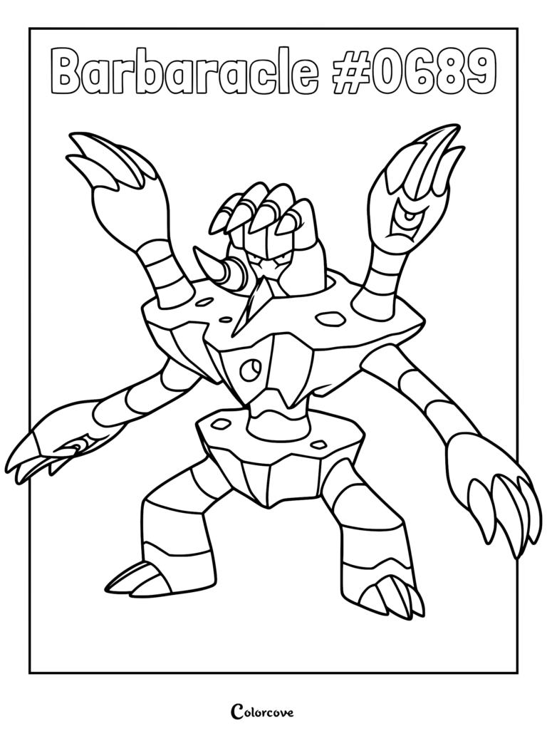 Un coloriage détaillé au trait du Pokémon de Kalos Golgopathe, mettant en avant ses sept membres griffus et sa structure de torse rocheux.