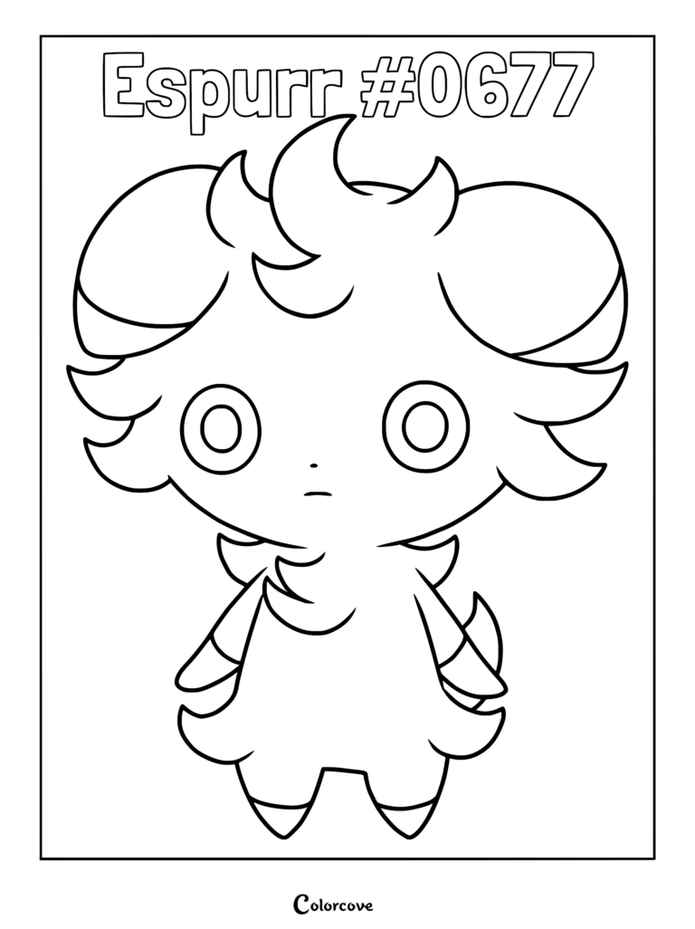 Psystigri de Pokémon Kalos avec ses grands yeux circulaires et ses oreilles touffues sur un coloriage à imprimer.